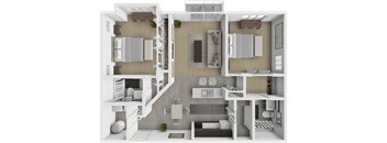 a rendering of a 3d floor plan with a bedroom and a living room