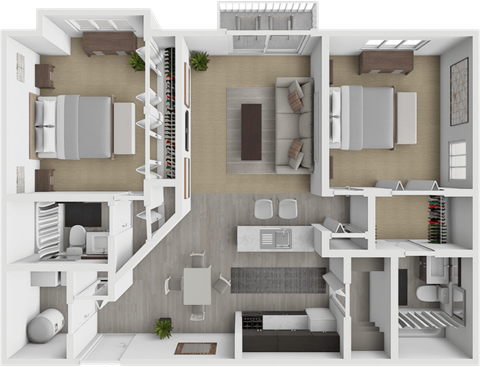 a rendering of a 3d floor plan with a bedroom and a living room