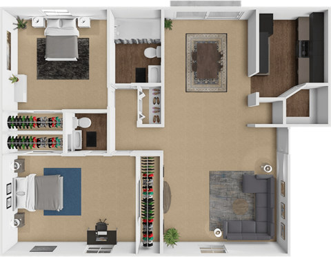 A 3D floor plan of a 2 bedroom 1.5 bathroom apartment at forest hills apartments.
