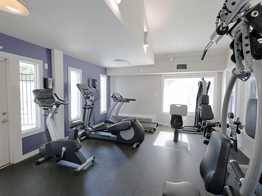 A gym with a variety of exercise equipment including treadmills, stationary bikes, and weight machines.