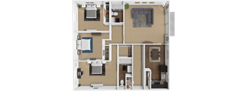 A 3D floor plan of a 3 bedroom apartment at forest hills apartments