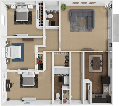 A 3D floor plan of a 3 bedroom apartment at forest hills apartments