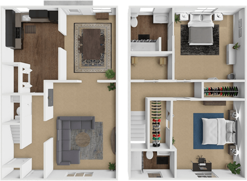 A top-down view of an apartment 3D floor plan with 2 bedrooms 2.5 bathrooms