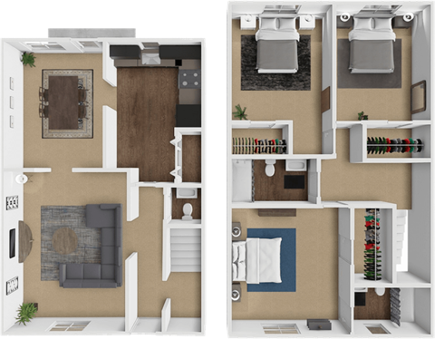 A 3D floor plan of an apartment with 3 bedrooms and 2.5 baths