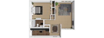A 3D floor plan of a 1 bedroom 1 bathroom apartment at Forest Hills Apartments