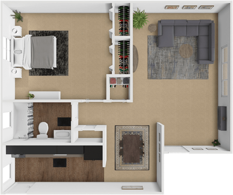 A 3D floor plan of a 1 bedroom 1 bathroom apartment at Forest Hills Apartments