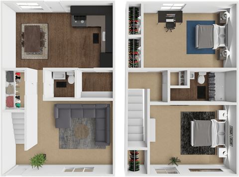 A 3D floor plan of apartment at forest hills with 2 bedrooms and 1.5 bathrooms