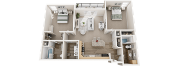 A detailed 3D floor plan of a small apartment layout.