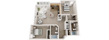 A detailed 3D floor plan of a two-bedroom apartment.