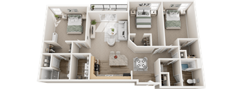 A 3D floor plan of a house with a kitchen, living room, and two bedrooms.