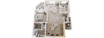 A 3D floor plan of a house with a kitchen, living room, and bathroom.