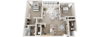 A 3D floor plan of a house showing a kitchen, living room, dining room, and two bedrooms.