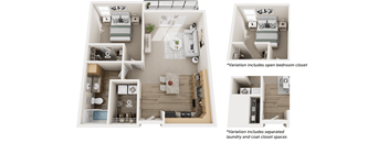 A set of four images showing different layouts of a bedroom with variations including an open bedroom closet and separate laundry and coat closet spaces.