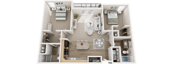 A detailed 3D floor plan of a two-bedroom apartment.