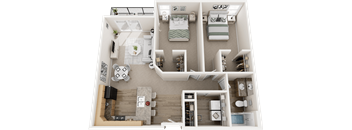 A top-down view of a house layout with two bedrooms, a living room, a kitchen, and a bathroom.