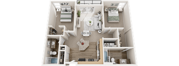 A top-down view of a small apartment with a living room, kitchen, and two bedrooms.