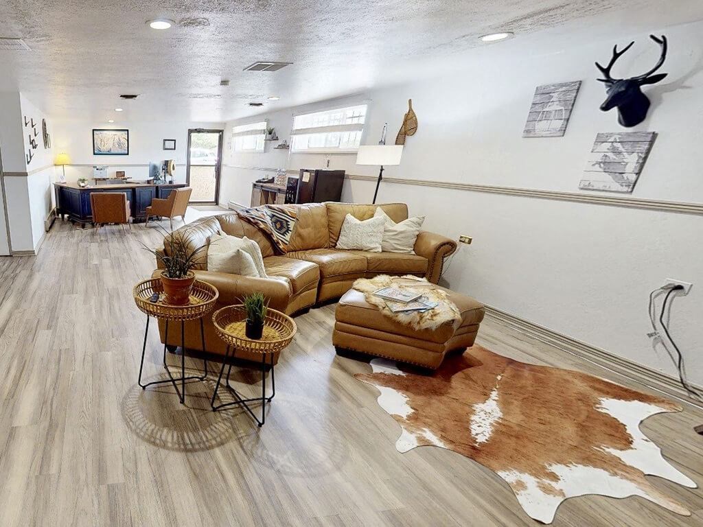 a clubhouse with a couch and a table