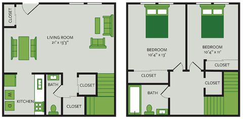 Two bedroom One and a half bathroom floor plan