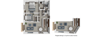 2 bed 1 bath Fontis floor plan with angled dining variation