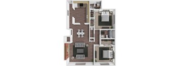 A 3D floor plan of a house with a kitchen, living room, and bathroom.