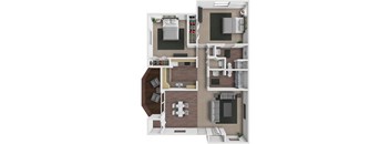 A top-down view of a house layout with a kitchen, living room, dining room, and bedrooms.
