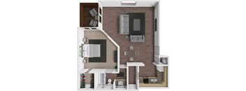 A 3D rendered image of a modern apartment layout.