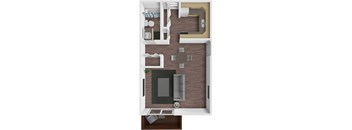 A 3D floor plan of a small apartment with a kitchen, living room, and bathroom.