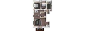 A floor plan of a small apartment with a kitchen, living room, and bedroom.