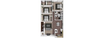 A 3D floor plan of a small apartment with a living room, kitchen, and bathroom.