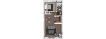 A 3D floor plan of a small apartment with a kitchen, living room, and bathroom.