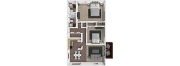 A floor plan of a two-bedroom apartment with a living room, kitchen, and bathroom.