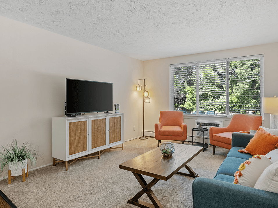 a living room with a couch and chair and a tv on top of a cabinet