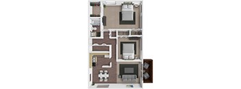 A 3D floor plan of a small apartment with a bedroom, living room, and kitchen.