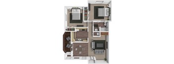 A top-down view of a two-bedroom apartment with a living room, kitchen, and bathroom.