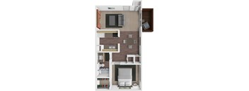 A 3D rendered image of a small apartment layout.