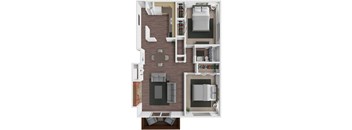 A top-down view of a small apartment with a kitchen, living room, and bathroom.