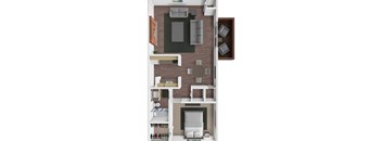 A 3D floor plan of a small apartment with a kitchen, living room, and bathroom.