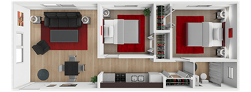 A 3D floor plan of a small apartment with a living room, kitchen, and bedroom.
