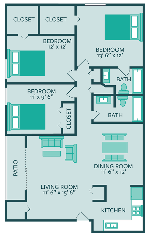three bed two bathroom floor plan at forest park apartments
