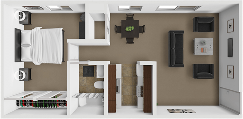 A modern kitchen with brown walls and white appliances.