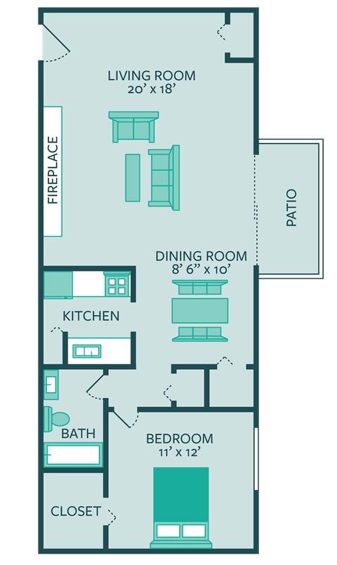 One bedroom One bathroom floor plan at Forest Park Apartments