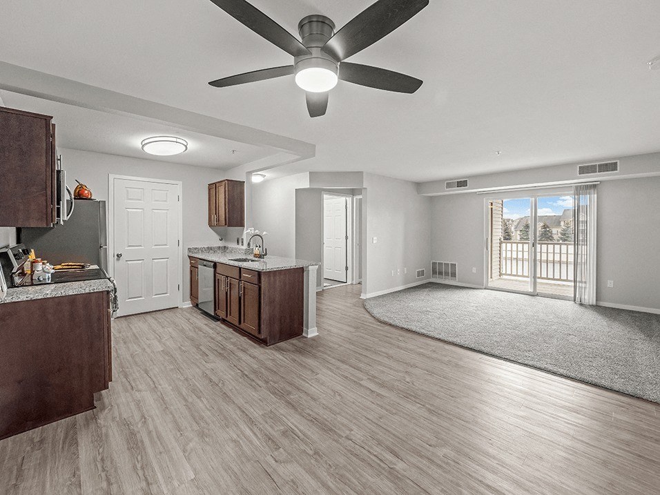 Kitchen and living room open concept apartment in Holly Michigan