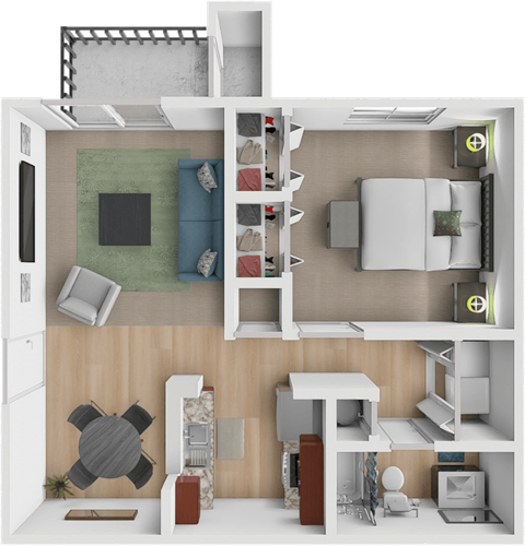 One bedroom one bath floor plan at Greenway Chase Apartments