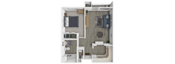 A 3D floor plan of a small apartment with a bedroom, living room, and kitchen.