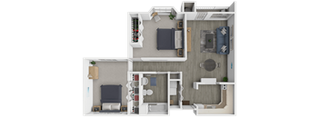 A 3D floor plan of a small apartment with a kitchen, living room, and bedroom.