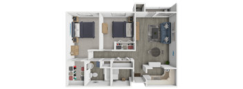 A 3D rendered image of a small apartment layout.