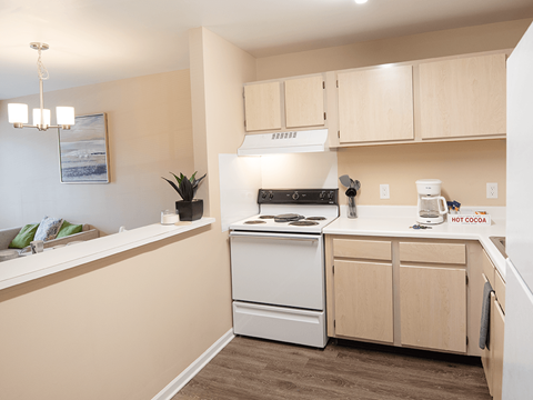 A kitchen with a white dishwasher and a white stove top oven.