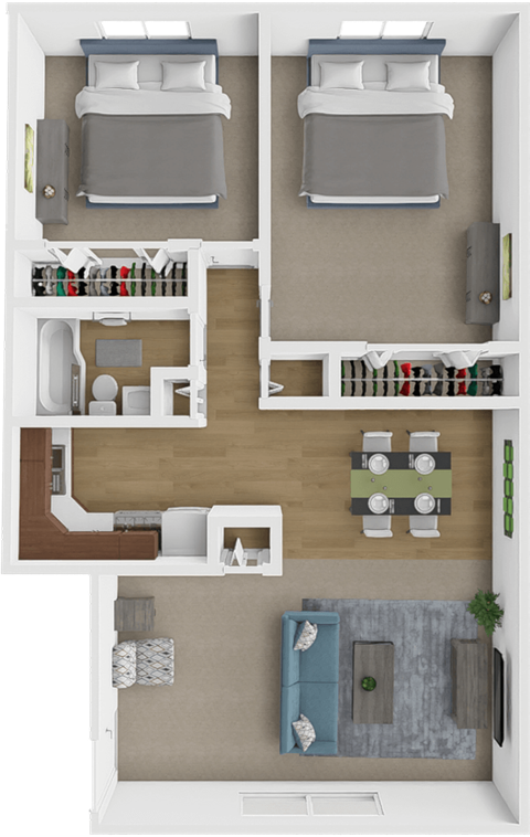 a 3d rendering of a bedroom with a bathroom and a living room