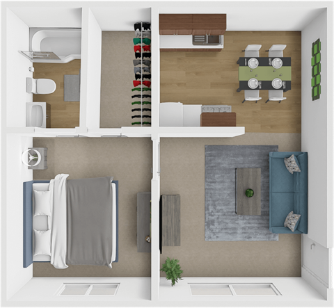 a 3d rendering of a living room and a dining room