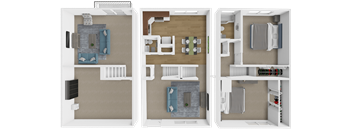a 3d rendering of a floor plan with bedrooms and a living room
